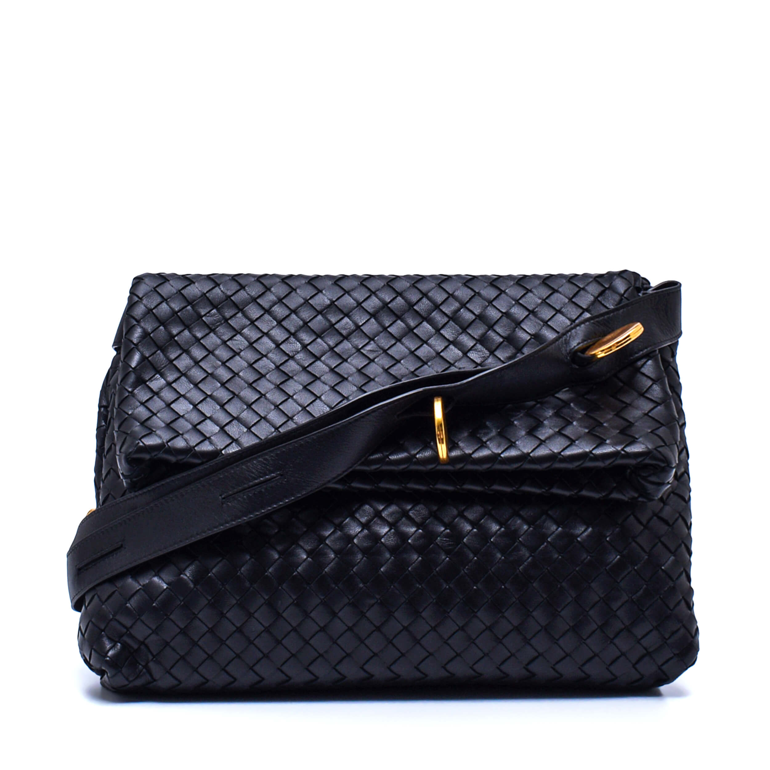 Bottega Veneta -  Black Intrecciato Leather BV Fold Messenger Bag 1/2